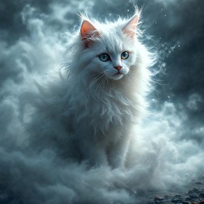 The primary subject of the image is a white cat with long hair, sitting in a cloudy environment. The cat appears to be looking at the camera, and its fur is blowing in the wind. The setting is a cloudy sky, which adds a sense of depth and atmosphere to the scene. The visual style of the image is a combination of photo and digital art, creating a unique and captivating representation of the cat in its environment. The dominant colors in the image are white and gray, with the white cat standing out against the